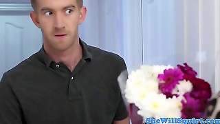 Gushing ebony babe guzzling his cum